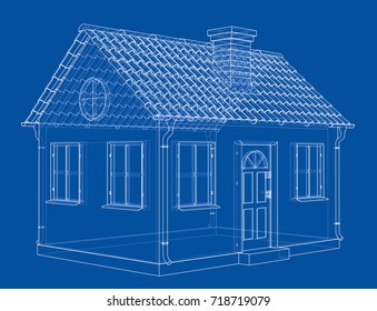 A small house with shingles roof. Vector rendering of 3d. Wire-frame style. The layers of visible and invisible lines are separated