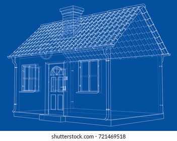 A small house with shingles roof. Vector rendering of 3d. Wire-frame style. The layers of visible and invisible lines are separated