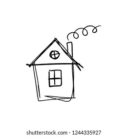 Small house simple sketch. Doodle style. Children's drawing. Isolated on white background.