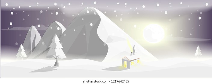 Small house in the snow. The back is high mountains. And the sun shines through the sky.snow landscape view in the morning background,vector art and illustration.night scene moon sky.