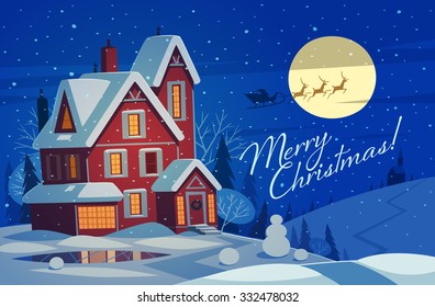 Small House In Snow. Christmas Greeting Card Background Poster. Vector Illustration.