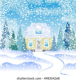 small house in the snowy forest with fir trees. House on the hill behind the fir branches