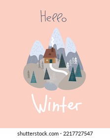 Small house in the snowy mountains. Winter Solstice, landscape for winter and new year holidays.  Vector hand drawn cartoon doddle banner, greeting card.