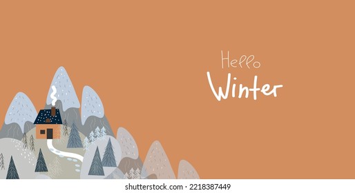 Small house in the snowy mountains. Winter Solstice, landscape for winter and new year holidays.  Vector hand drawn cartoon doddle banner, greeting card.