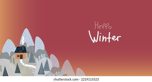 Small house in the snowy mountains. Winter Solstice, landscape for winter and new year holidays.  Vector hand drawn cartoon doddle banner, greeting card.