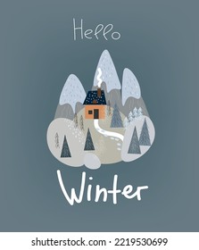 Small house in the snowy mountains. Winter Solstice, landscape for winter and new year holidays.  Vector hand drawn cartoon doddle banner, greeting card.