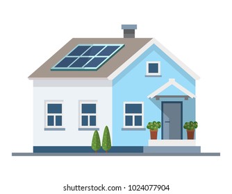 Small House With Solar Panels On The Roof. Green Energy, Ecology Vector Illustration In Flat Style, Design Template