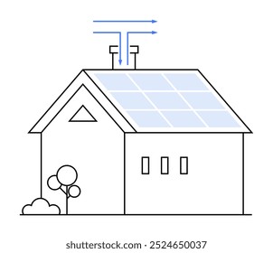 Casa pequena com painéis solares no telhado e setas de ventilação. Janelas e árvores do Mansard. Ideal para energia sustentável, recursos renováveis, vida ecologicamente correta, eficiência energética, tecnologia doméstica moderna