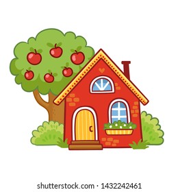 Small house stands next to an apple tree on a white background. Vector illustration in cartoon style.