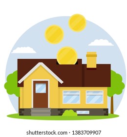Small house. Suburban one-storey building with lawn and trees. Town and urban landscape. Roof with gold coins. Savings on purchase of housing. Renting and lease. Cartoon flat illustration