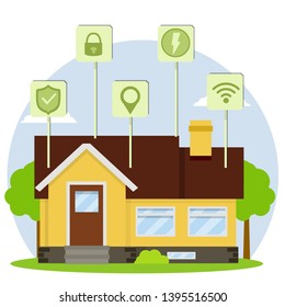 Small house. Suburban one-storey building. Smart house. Online system management. Wifi, lock, security, electricity, energy, location. Modern effective communication. Cartoon flat illustration