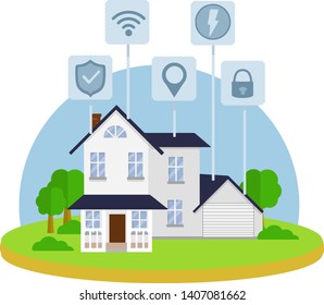 Small house. Suburban one-storey building. Smart house. Online system management. Wifi, lock, security, electricity, energy, location. Modern effective communication. Cartoon flat illustration