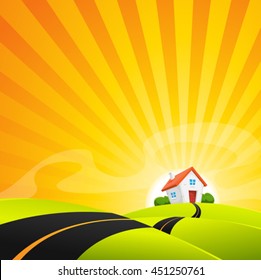 Small House In Summer Sunrise Landscape/
Illustration Of A Cartoon Landscape Road In The Sunrise, With Small House