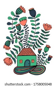 Small house surrounded by flowers. Hand drawn doodle illustration. Relaxing art therapy. Simple floral elements isolated on white background