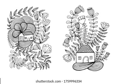 Small house surrounded by flowers. Hand drawn doodle illustration. Relaxing art therapy. Simple floral elements isolated on white background
