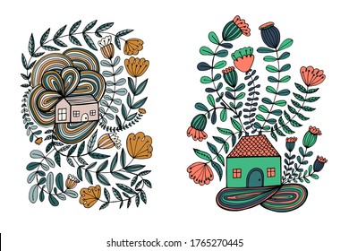 Small house surrounded by flowers. Hand drawn doodle illustration. Relaxing art therapy. Simple floral elements isolated on white background