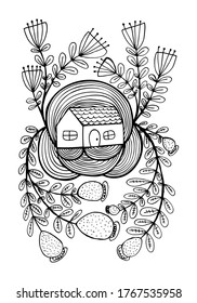 Small house surrounded by flowers. Hand drawn doodle illustration. Relaxing art therapy. Simple floral elements isolated on white background