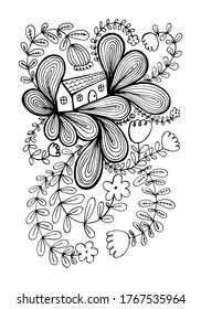 Small house surrounded by flowers. Hand drawn doodle illustration. Relaxing art therapy. Simple floral elements isolated on white background