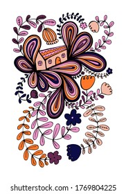Small house surrounded by flowers. Hand drawn doodle illustration. Relaxing art therapy. Simple floral elements isolated on white background