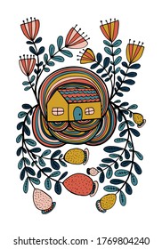 Small house surrounded by flowers. Hand drawn doodle illustration. Relaxing art therapy. Simple floral elements isolated on white background