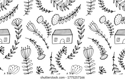 Small house surrounded by flowers. Hand drawn doodle illustration. Relaxing art therapy. Seamless pattern with simple floral elements
