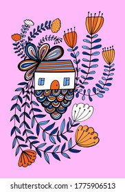 Small house surrounded by flowers. Hand drawn doodle illustration. Relaxing art therapy. Simple floral elements isolated on white background