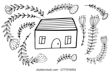 Small house surrounded by flowers. Hand drawn doodle illustration. Relaxing art therapy. Simple floral elements isolated on white background