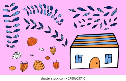Small house surrounded by flowers. Hand drawn doodle illustration. Simple floral elements isolated on pink background