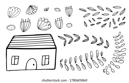 Small house surrounded by flowers. Hand drawn doodle illustration. Relaxing art therapy. Simple floral elements isolated on white background