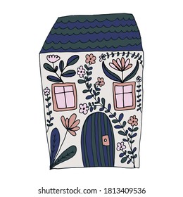 Small house surrounded by flowers. Hand drawn doodle illustration. Relaxing art therapy. Simple floral elements isolated on white background