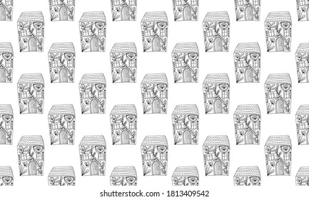 Small house surrounded by flowers. Hand drawn doodle illustration. Relaxing art therapy. Simple floral elements, seamless pattern