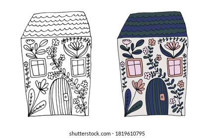 Small house surrounded by flowers. Hand drawn doodle illustration. Relaxing art therapy. Simple floral elements isolated on white background