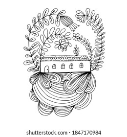 Small house surrounded by flowers. Hand drawn doodle illustration. Relaxing art therapy. Simple floral elements isolated on white background
