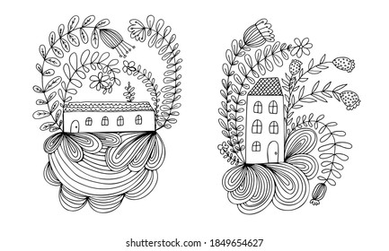 Small house surrounded by flowers. Hand drawn doodle illustration. Relaxing art therapy. Simple floral elements isolated on white background