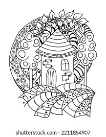 Small house surrounded by flowers and plants. Hand-drawn illustration of doodles. Relaxing art therapy. Simple elements highlighted on white background.