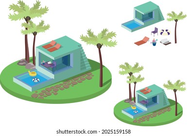 A small house with a swimming pool and a roof where you can sunbathe on a sun lounger. There is lush grass and palm trees around. Vector