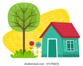 Small House With Tree - Small blue house with a fence, flowers and a tree. Eps10