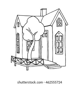 Small house with a tree on the terrace. Outline vector illustration.