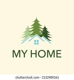 Diseño del logo vectorial de silueta de árboles y casas pequeñas. Logotipo para la mejora del hogar, la construcción y la pintura en la casa