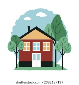 Small house, trees around. House in nature. European style. Vector illustration in flat style.