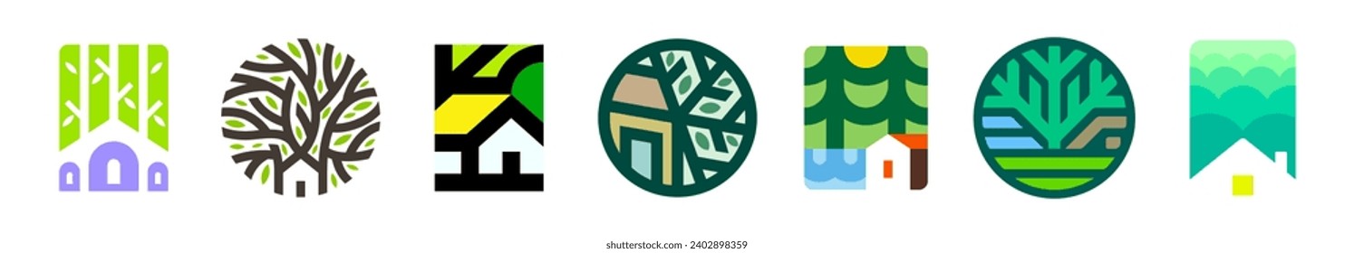 Small house under big old tree. Simple vector logo mark template or icon of building for modern real estate company or cozy home family guest house hotel