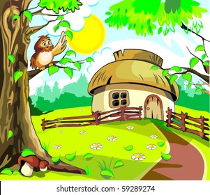 Small house under blue sky in which sun shining to the brown own on the tree under the leaf