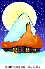 Small house under a snow at night against the moon