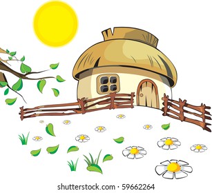 Small house under with sun, flowers, leaf and fence on the white background. Ready to use.