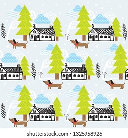 Small house vector illustration,Adorable pattern with little home,Funny colorful vector pattern with cute house,Hand drawn dachshund