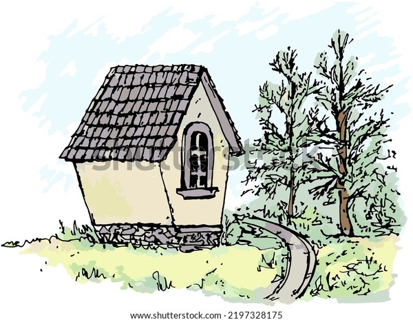 Маленький домик с окном и деревянной крышей для игр детей на улице, окруженный деревьями. Векторный линейный пейзаж, рисунок Андрея Бондаренко