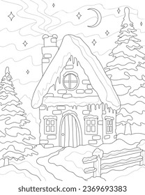 Small house in the winter forest. Christmas trees in the snow. Black and white vector illustration. Coloring.