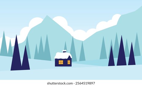 Small House in Winter Mountains Flat Style. Landscapes and nature scenery concept vector art