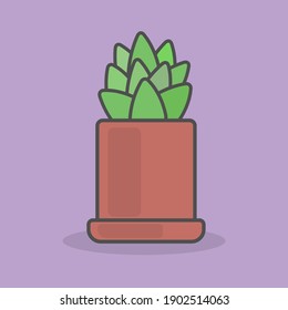 small houseplant in a light brown pot on a purple background. flat ltsign illustration. stock vector graphics