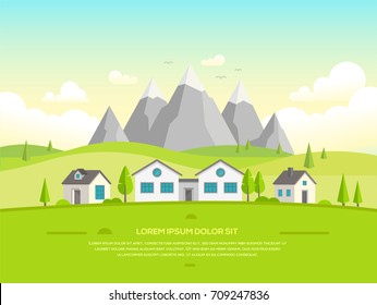 Small houses by the mountains - modern vector illustration with place for your text. Peaceful landscape with snowy hills, trees, small low storey suburban houses, blue sky with clouds, flying birds